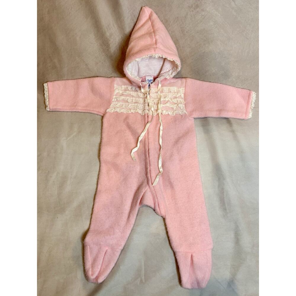 Vtg 70s 80s Carters Pink Lace Bunting Pram Suit Hooded Baby 0-3M